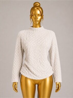 Anewsta White Textured Fleece Pullover Sweater Mock Neck Long Sleeve Size Large